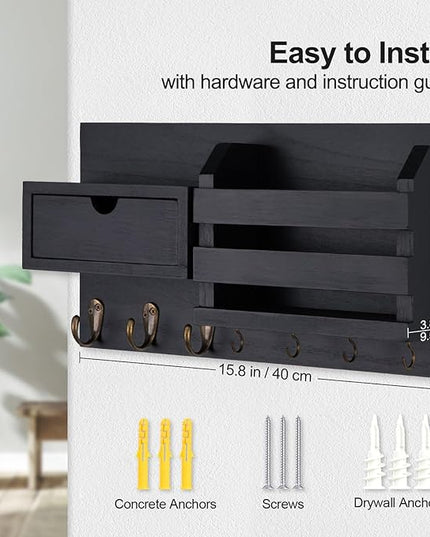 Lwenki Wall Mount Key Holder with Mail Organizer, 100% Paulownia Wood, 7 Metal Hooks, Storage Drawer, Entryway Home Decor (Black)