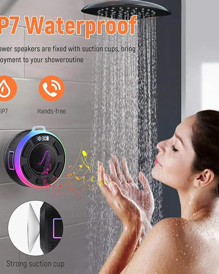 IPX7 Waterproof Shower Bluetooth Speaker, Portable Small Speaker with Suction Cup and Time Display, Loud Crystal Sound & Bass 10H Playtime 1100mAh, Wireless Shower Speakers for Pool, Beach Gift Black
