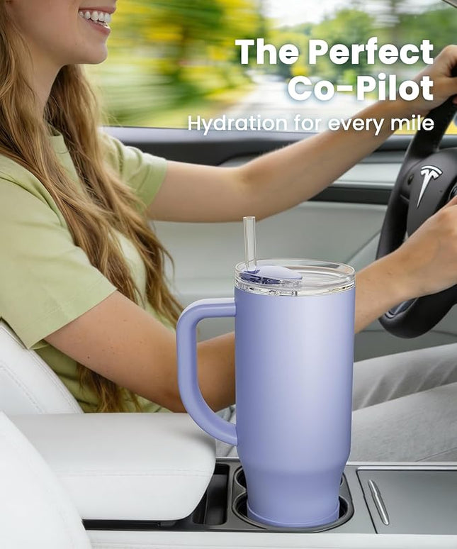 Renoj Tumbler with Handle 100% Spill Resistant Insulated Water Bottle for Iced Coffee & Hot Drinks - Fits Car Cup Holder, Ideal Gift, 2 Straws & Silicone Boot BPA-Free - FlexSlide Blue 32 oz