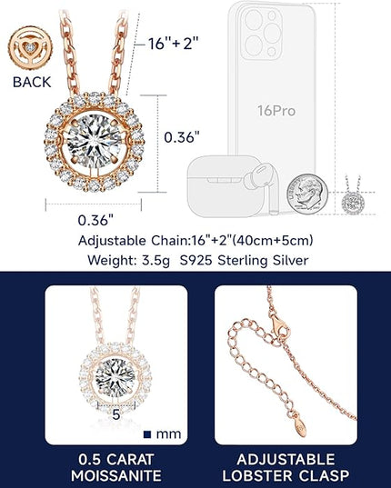 MomentWish Floating Necklace for Women, 0.5/1 Carat Dancing Moissanite Necklace for Her 925 Sterling Silver Pendant Anniversary Birthday Christmas Gift for Wife Mom Girlfriend