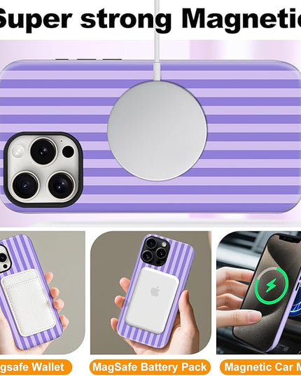 Magnetic for iPhone 13 Pro Max Case Cute Stripes Phone Case, Shockproof Slim TPU and Hard PC Protective Phone Cover Compatible with MagSafe Designed for Women Girls, Light Purple