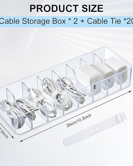 Tatuo 2 Pcs Cable Organizer with 20 Wire Ties, Plastic Cord Storage Charger Box Electronics Organizer with Adjustment Compartments Cable Storage for Drawer Home Office Desk Accessories (Clear)