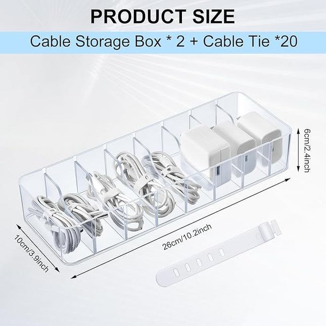 Tatuo 2 Pcs Cable Organizer with 20 Wire Ties, Plastic Cord Storage Charger Box Electronics Organizer with Adjustment Compartments Cable Storage for Drawer Home Office Desk Accessories (Clear)