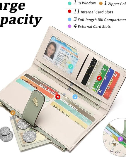 GAEKEAO Womens Wallet Slim Thin RFID Blocking Floral Vegan Leather Card Holder Bifold Long Ladies Wallet with Zipper Pocket