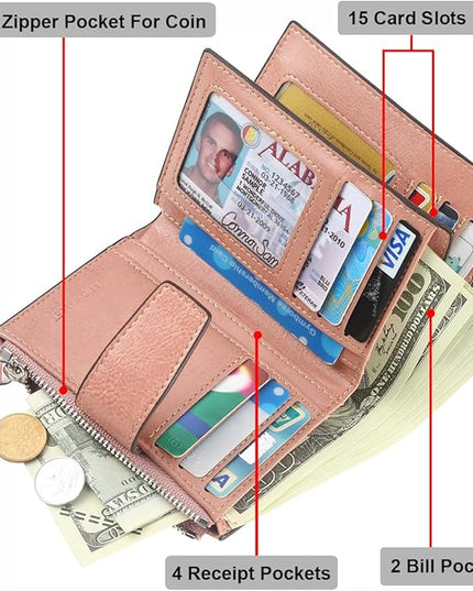Lavemi Small Compact Women Wallet RFID Blocking Genuine Leather Bifold Purse with ID Windows