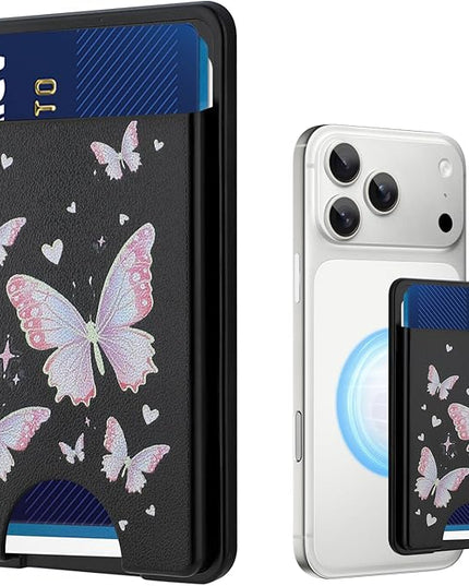 Stronger Magnetic Card Slot Wallet for iPhone 17/16/15/14/13/12 Series (Not for 13/12 Mini), Butterfly Pattern Hard Card Holder Fit 3 Cards Compatible with Magsafe Accessories, Black