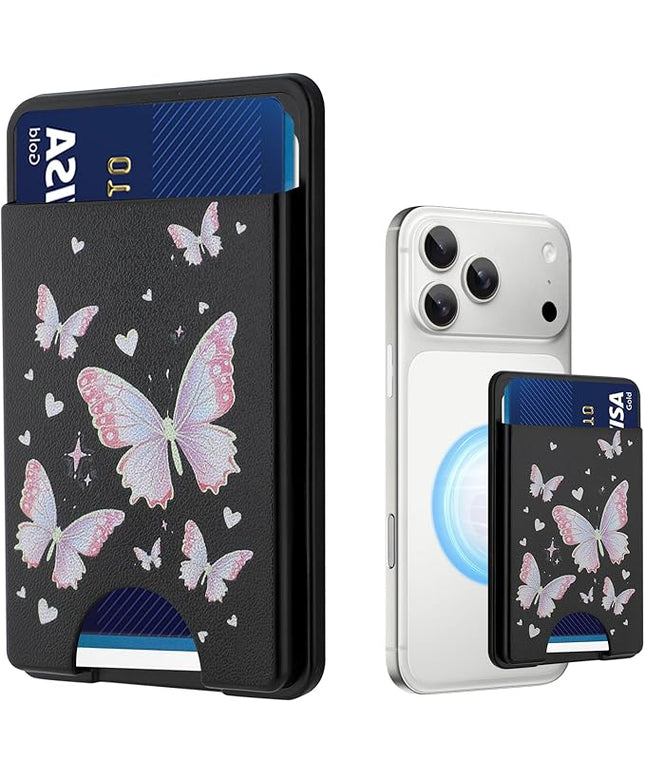 Stronger Magnetic Card Slot Wallet for iPhone 17/16/15/14/13/12 Series (Not for 13/12 Mini), Butterfly Pattern Hard Card Holder Fit 3 Cards Compatible with Magsafe Accessories, Black