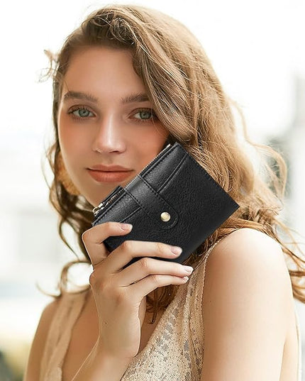 FALAN MULE Small Wallet for Women Leather RFID Blocking Bifold Credit Card Holder with Zipper Coin Pocket