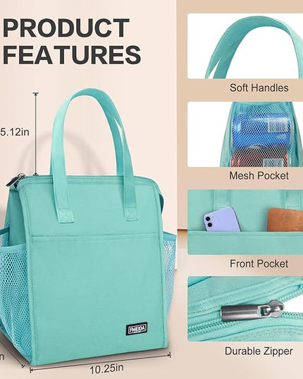 Fmeida Insulated Lunch Bag Women, Leakproof Womens Lunch Bag, Thermal Adult Lunchbag with Front Side Pockets, Reusable Lunch Bag for Office Work Travel Picnic Large Mint Blue