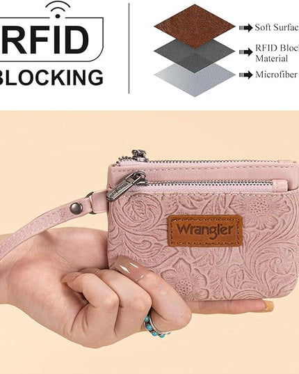 Montana West Wrangler Coin Purse for Women RFID-blocking Floral Embossed Change Pouch Wristlet Wallet Lightweight Portable Wallets Pink