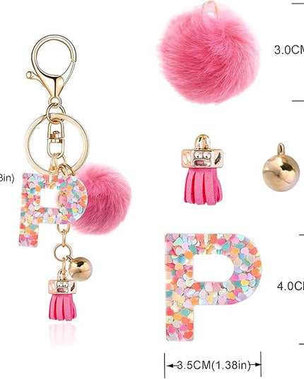 Resin Alphabet Initial Letter Keychain Keyring for Women Purse Handbags With Fur Ball Pom