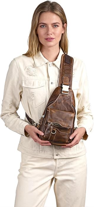 Genuine Leather Hiking Travel DayPack Sling Crossbody Triangle Chest Pack Bag For Men Women 8241