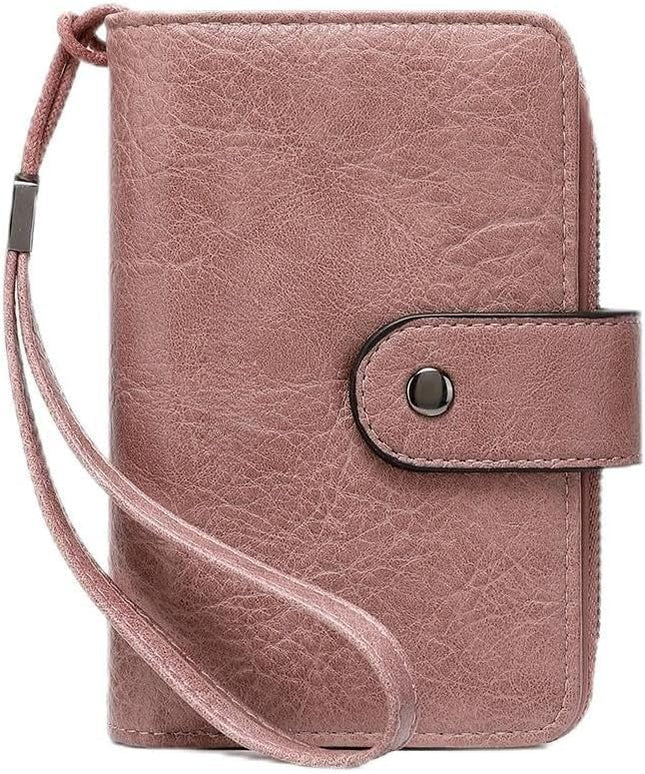Genuine Leather Women's Wallet with Large Capacity Double Zip Around Design RFID Blocking Credit Card Holder and Wristlet Purse Black (Pink)