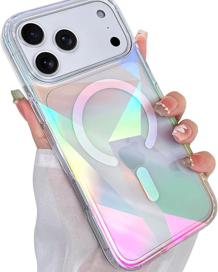 Cute Case for iPhone 17 Pro Case for Women Girls [ Compatible with Magsafe ] Clear Glitter Girly Aesthetic Rainbow Sparkly Bling Magnetic Phone Cover, Iridescent Geometry