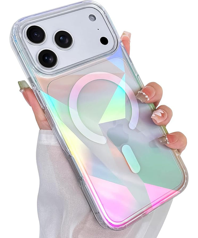 Cute Case for iPhone 17 Pro Case for Women Girls [ Compatible with Magsafe ] Clear Glitter Girly Aesthetic Rainbow Sparkly Bling Magnetic Phone Cover, Iridescent Geometry
