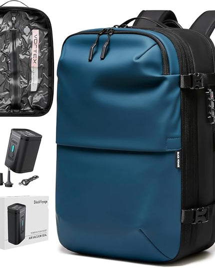 BlackVoyage Vortex Vacuum Seal Travel Backpack 60L Expandable Air Compression System Water Resistant TSA Lock Carry-On Suitcase Luggage Blue AERO - Vacuum Pump Included