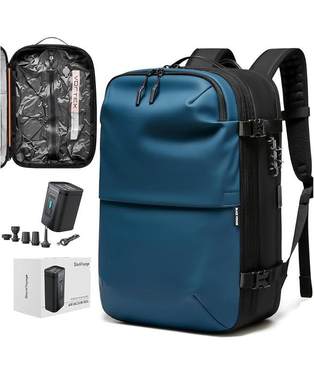 BlackVoyage Vortex Vacuum Seal Travel Backpack 60L Expandable Air Compression System Water Resistant TSA Lock Carry-On Suitcase Luggage Blue AERO - Vacuum Pump Included
