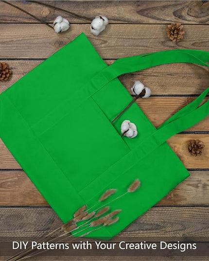 TOPDesign 6-Pack Canvas Tote Bags with an External Pocket, Reusable Grocery Shopping Bags, Top Zipper Closure, Daily Essentials (Lime Green)