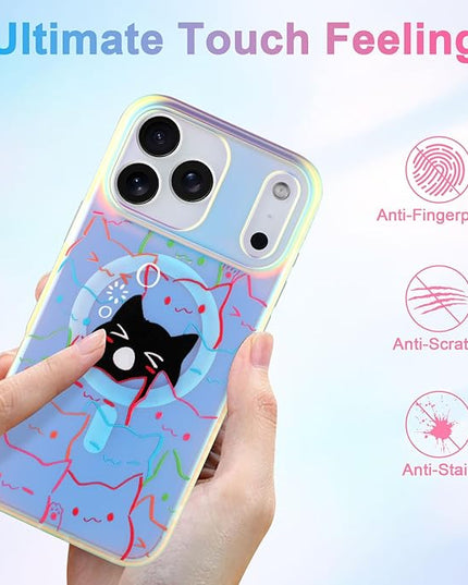 Cute Case for iPhone 17 Pro Case for Women Girls Boys [ Compatible with Magsafe ] Iridescent and Black Cats Cat Pattern Design, Kawaii Colorful Animal Soft Bumper Protective Phone Cover