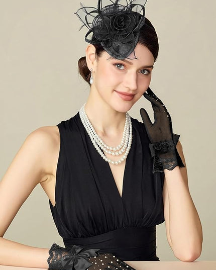Lace Gloves for Women - Short Bow Rhinestone Tulle Sheer Sparkly Evening Stretchy Gloves for Wedding Opera Party