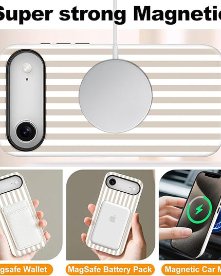 Magnetic for iPhone 17 Air Case Cute Stripes Phone Case, Shockproof Slim TPU and Hard PC Protective Phone Cover Compatible with MagSafe Designed for Women Girls, Apricot