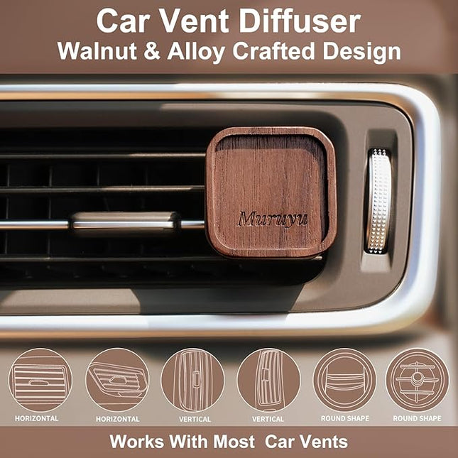 Car Diffuser, Walnut Wood & Zinc Alloy with Magnetic Closure, Refillable DIY Scent Personalization, Elegant Car Air Freshener Vent Clip for Drivers (Essential Oils Sold Separately)