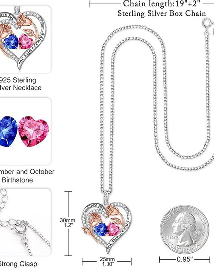 Iefil Christmas Gifts for Women Wife - 925 Sterling Silver Rose Heart Birthstone Necklace Birthday Anniversary Jewelry Gifts for Her Wife Mom Daughter