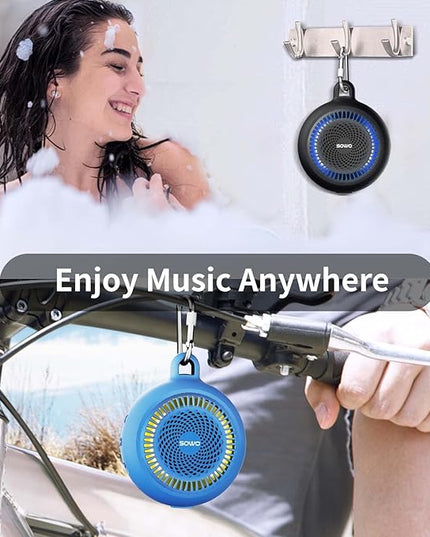 SOWO Shower Bluetooth Speaker Waterproof - Small Portable Wireless Clip Speaker with Louder Volume and Powerful Bass - Colorful Lights and 10H Playtime - Lightweight for Camping,Kayak,Boat - Blue