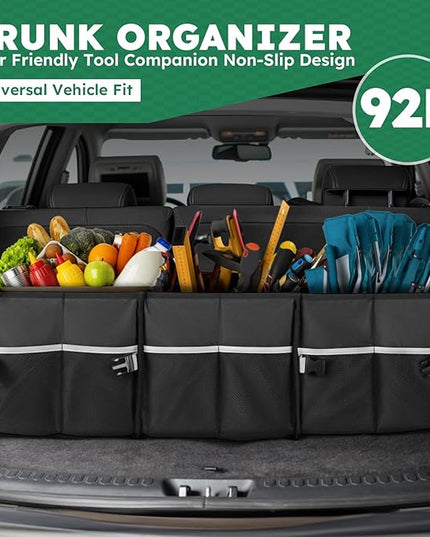 Heavy-Duty Trunk Organizer & Multi-Compartment Storage Box for SUV/Sedan/Minivan,600D Waterproof Oxford,2 Securing Hooks & Reflective Strips-Large Capacity Organiser(92L)