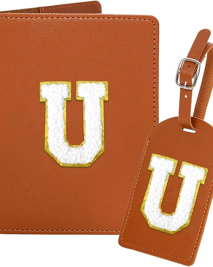 ULICO Initial Passport Cover and Luggage Tag Set,PU Leather Letter Passport Case Holder Travel Suitcase Tag, Personalized Travel Luggage Accessories Gifts for Women Kids Teenage Brown U