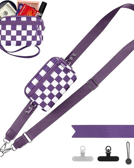 Clip and Go Strap for Phone with Wallet Crossbody, Adjustable Phone Lanyard with Detachable RFID Wristlet Wallet, Phone Strap with Phone Tabs for All Phones, Purple Checkered (M)