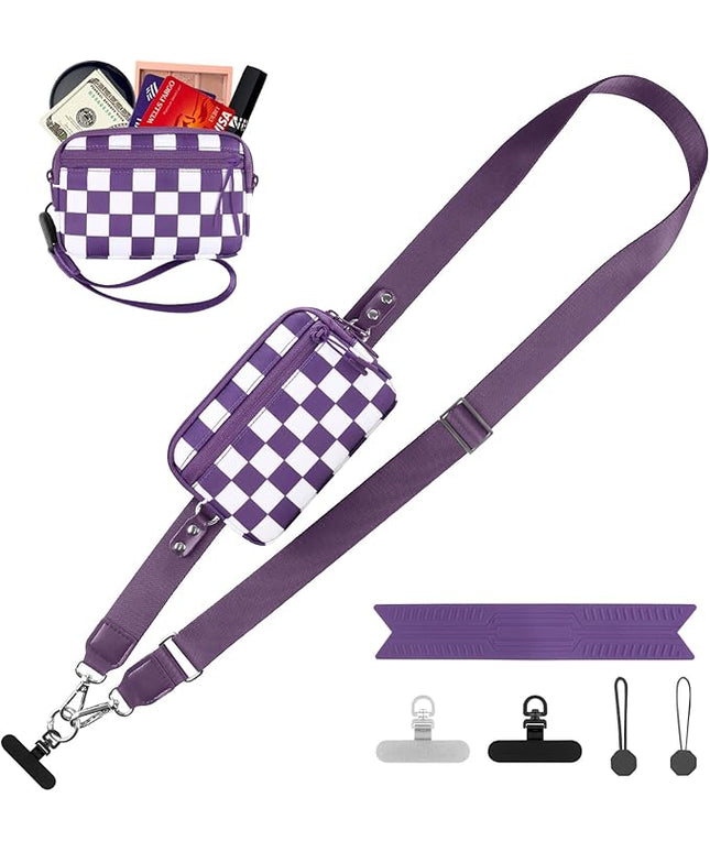 Clip and Go Strap for Phone with Wallet Crossbody, Adjustable Phone Lanyard with Detachable RFID Wristlet Wallet, Phone Strap with Phone Tabs for All Phones, Purple Checkered (M)