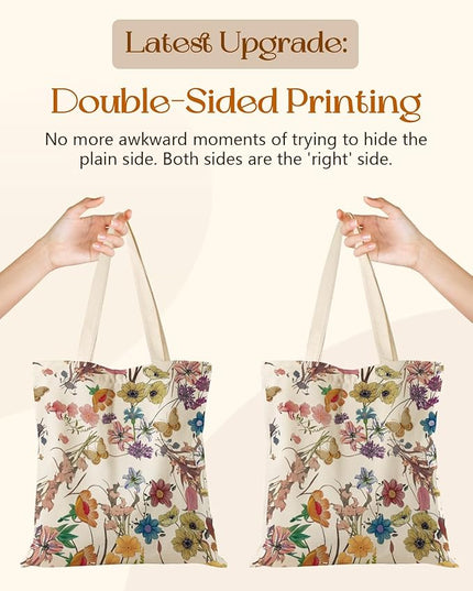 Aesthetic Tote Bag for Girls - with Magnetic Buckle and Zipper Inner Pocket for Women Lady Canvas Cotton Tote Bag