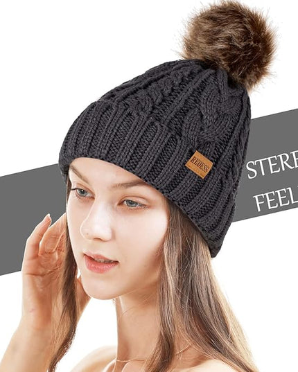 REDESS Women Winter Pompom Beanie Hat with Warm Fleece Lined, Thick Slouchy Snow Knit Skull Ski Cap