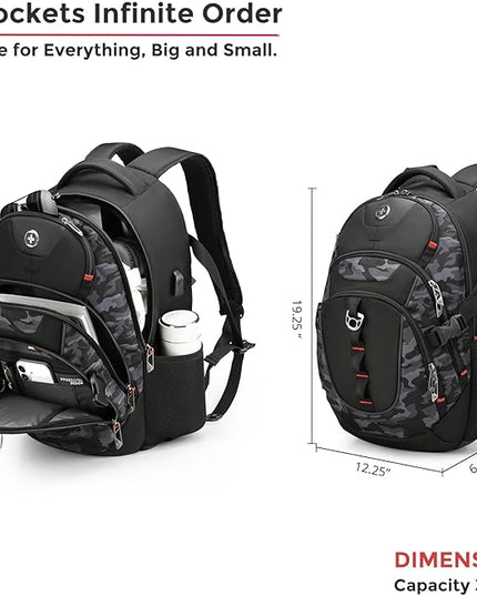 Swissdigital Design Laptop Backpack with USB Charging Port, Travel Backpack Fits 15.6 inches Computer, 31L College School Backpack for Men, Gray Camo | SD803-91