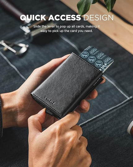 VULKIT Pop up Card Wallet Minimalist Cash Wallets RFID Blocking Leather Smart Credit Card Holder with ID window for Men(Black)