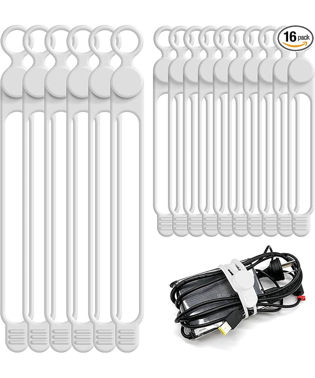 Nearockle Silicone Cable Ties Cord Organizer for Cable Management, 16PCS 4.2" and 7.1" Reusable Cable Organizer Electronic Accessories for Home, Office, Kitchen, School, Travel (White)