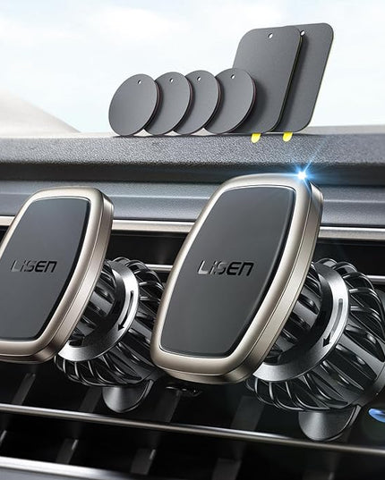 LISEN 2-Pack Magnetic Phone Holder for Car: 6 Military Magnets, Gold Vent Phone Mount