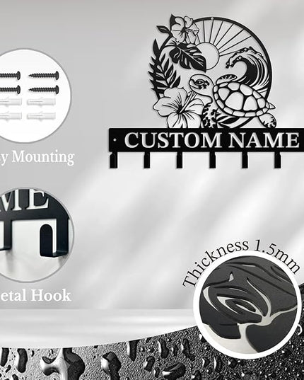 Casebrick Custom Sea Turtle Metal Wall Hooks,Key Holder-Personalized Iron Wall Decor for Keys, Coats & Home Organization (Black, Handmade,Decorative for Entryway, Beach,Bedroom,Office) (Style I)