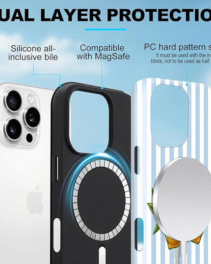 Magnetic for iPhone 16 Pro Case Cute Lemon Stripes Phone Case, Shockproof Slim TPU and Hard PC Protective Phone Cover Compatible with MagSafe Designed for Women Girls, Blue