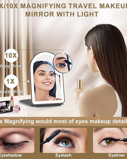 Mocado Travel Makeup Mirror with Light, 1x/10x Magnifying Mirror with Light, 3 Colors Lighted Magnifying Mirror, 2000mAh Rechargeable Lighted Makeup Mirror, Memory Function (Arched-Black)
