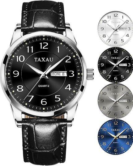 Men Dress Watch Waterproof Leather Watches for Men with Day Date Luxury Large Arabic Numerals Analog Quartz Classic Leather Watch Easy Read relojes para Hombres