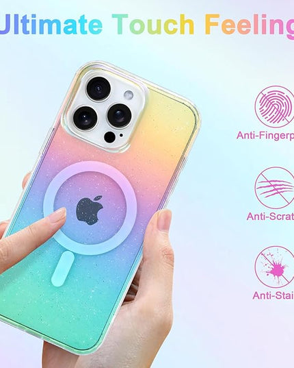 Glitter Case for iPhone 15 Pro Max Case for Women Girls [ Compatible with Magsafe ] Clear Cute Girly Aesthetic Iridescent Rainbow Sparkly Bling Magnetic Phone Cover, Gradient Blue & Pink