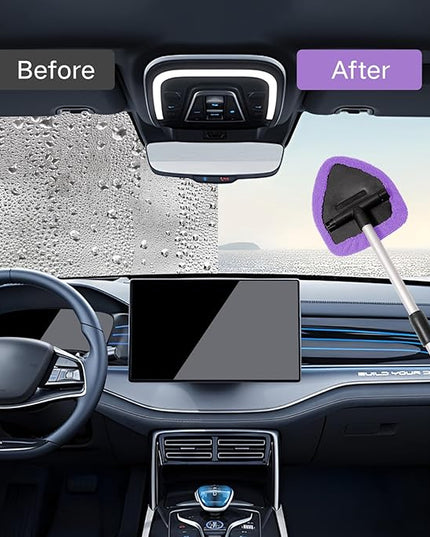 11pcs Windshield Cleaner Tool, Car Window Cleaning Wash Kit with 6 Reusable Microfiber Pads 2 Spray Bottles and Extendable Handles Auto Glass Wiper Kit, Purple