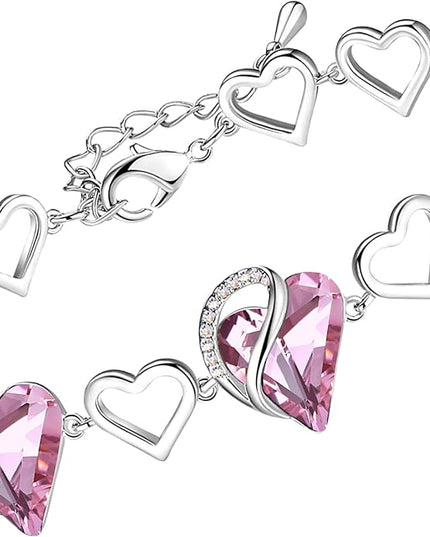 Leafael Infinity Love Heart Link Bracelets, Birthstone or Healing Stone Crystal Bracelet for Women, Silver Tone Jewelry Gifts for Her, 7-inch Chain and 2-inch Extender