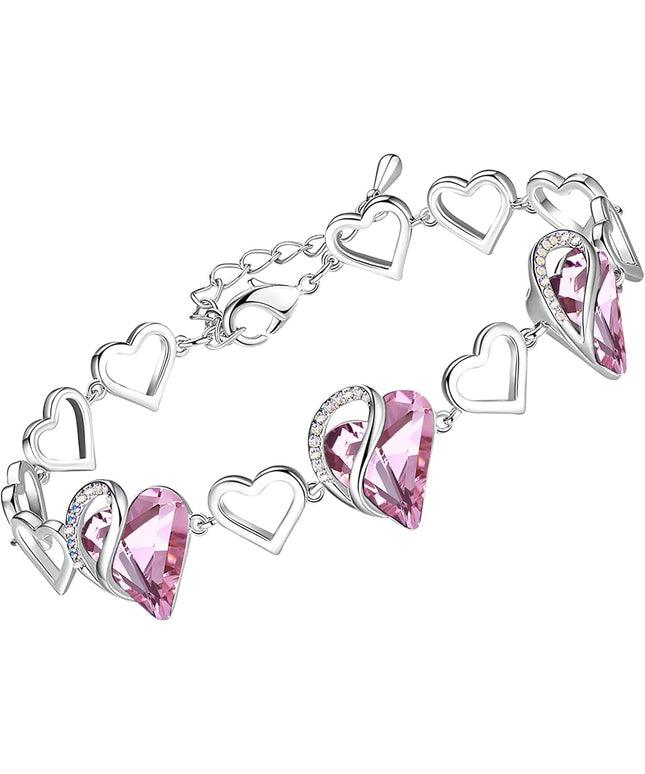Leafael Infinity Love Heart Link Bracelets, Birthstone or Healing Stone Crystal Bracelet for Women, Silver Tone Jewelry Gifts for Her, 7-inch Chain and 2-inch Extender