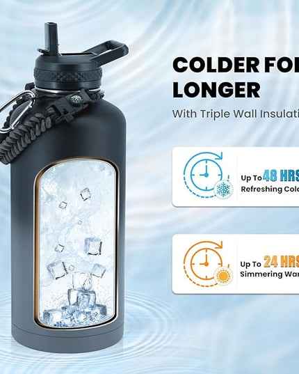 Insulated Water Bottle 87 oz, Triple Wall Vacuum Stainless Steel (Cold for 48 Hrs), Leak Proof & Non-BPA, Modern Water Flask Jug with Paracord Handle & Straw Spout Lids, Dark Grey