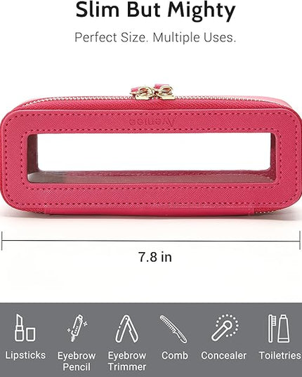 Aveniee Clear Makeup Brush Bag, Slim Brush Holder Cosmetic Case, Small Travel Toiletry Bag for Women, Thin Make up Bags with Dual Zipper, Cute Travel Essentials Srorage Bag,Hotpink