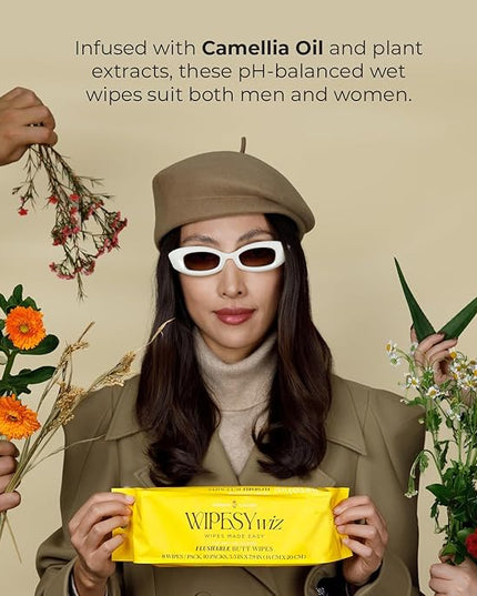 Individually Wrapped Hygiene Wipes, Hotel Quality, 30 packs x 8 sheets each | Camellia and Chamomile & Aloe Infused, Gentle on Skin, Disposable, Wet/Flushable Wipes for Adults, Travel Size