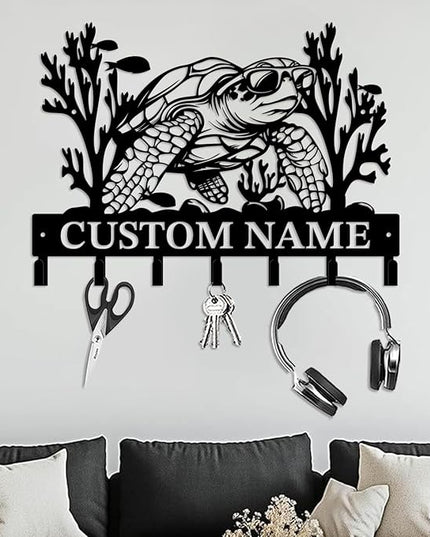 Casebrick Custom Sea Turtle Metal Wall Hooks,Key Holder-Personalized Iron Wall Decor for Keys, Coats & Home Organization (Black, Handmade,Decorative for Entryway, Beach,Bedroom,Office) (Style J)